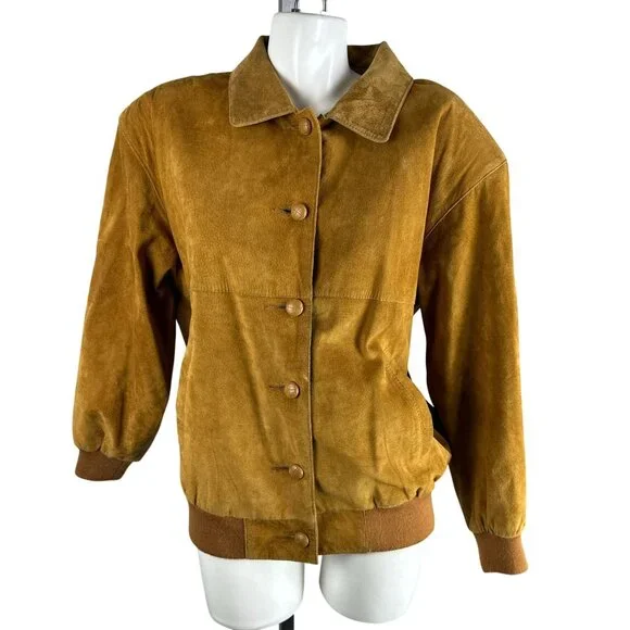 Vintage Hunt Club Suede Leather Jacket Tan 90s Barn Chore Coat Button Size 12 L - Picture 2 of 6
